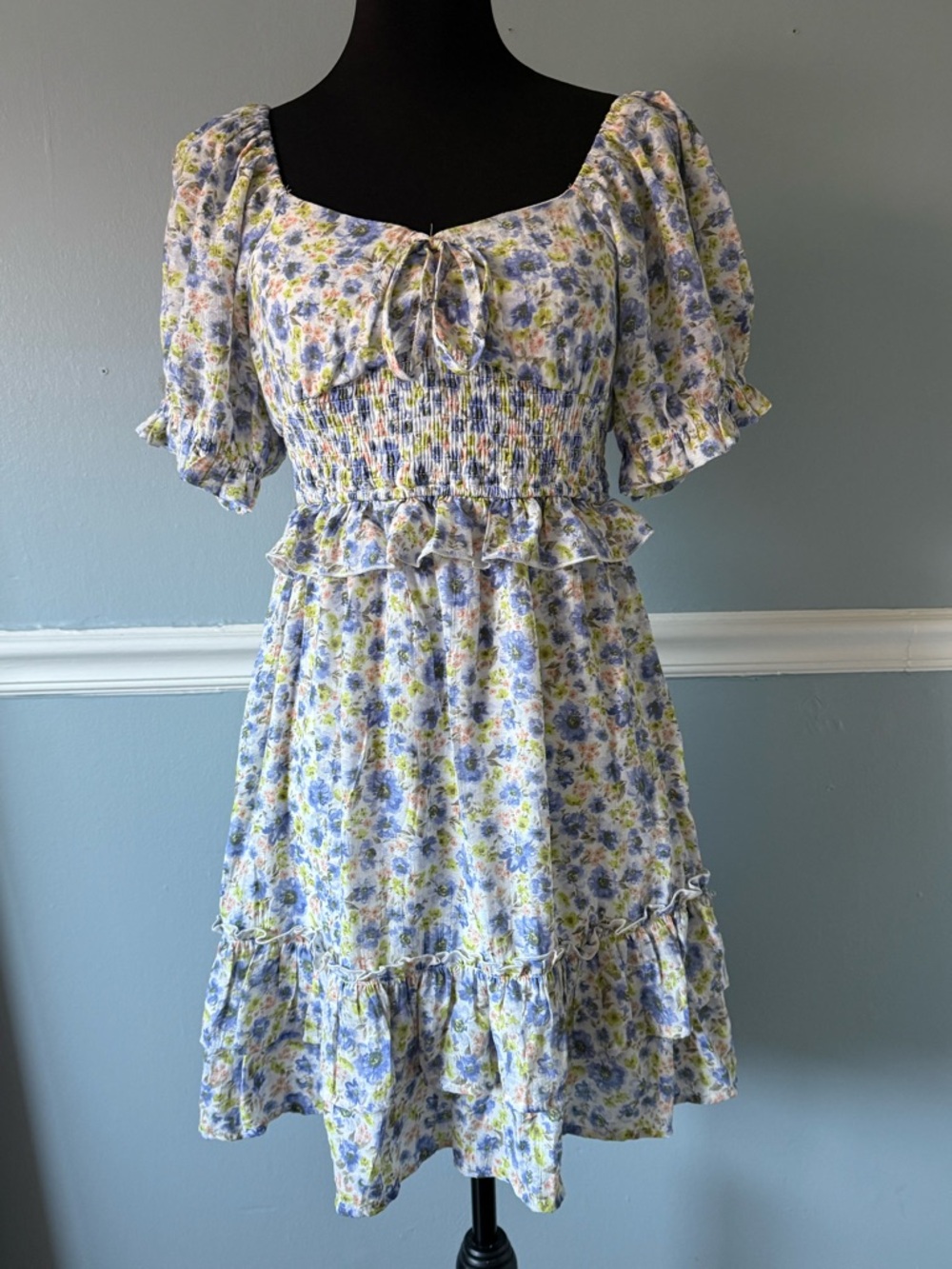 Smocked Floral Mini Dress in Light Blue and Cream M